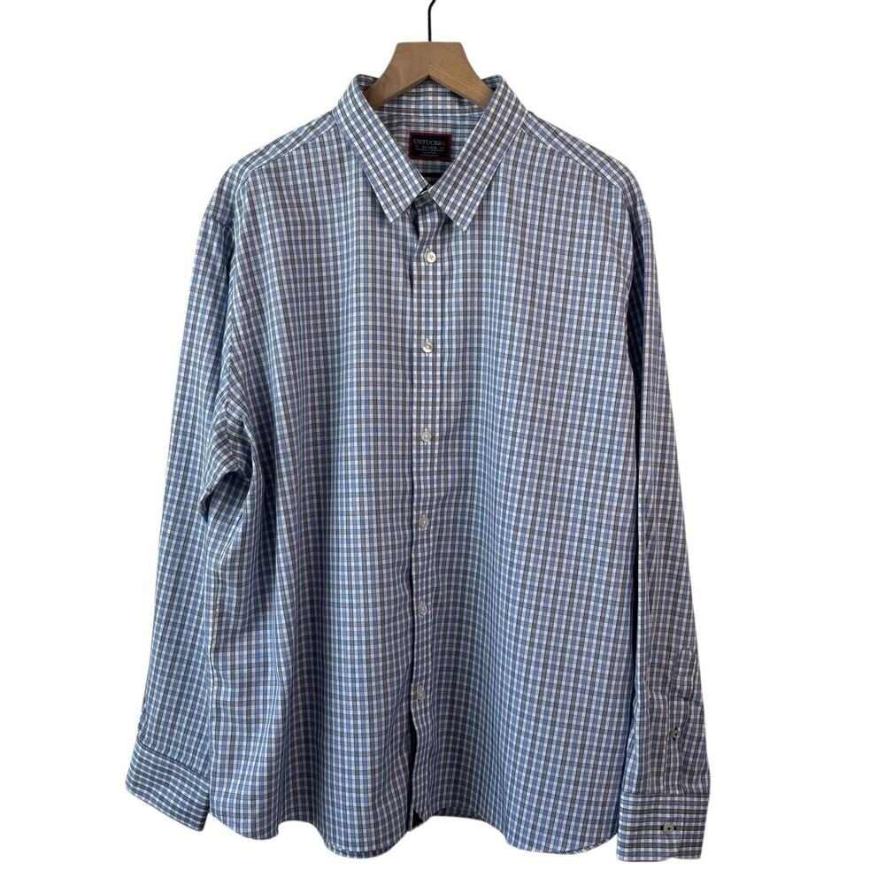 Untuckit‎ Mens Shirt XXL Blue White Plaid Long Sleeve Business Casual Stretch